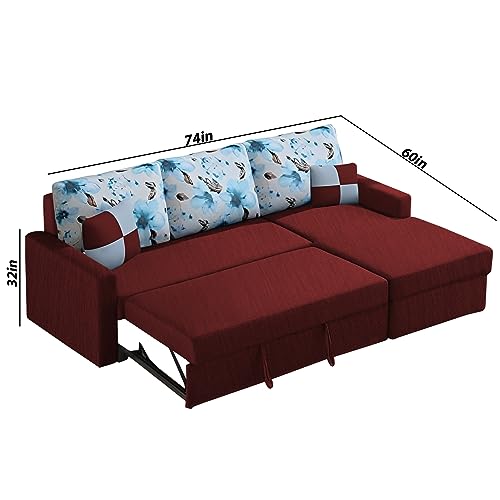 Image of Orland 4 Seater LHS L Shape Sofa Cum Bed for Living Room | Color - Maroon | Premium Fabric Sofa