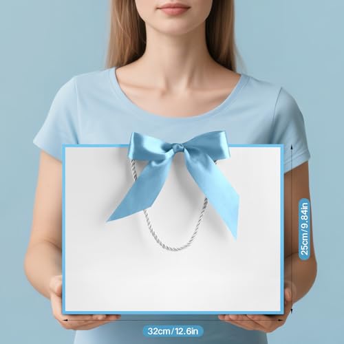 Image of JMANNI Gift Bags with Handles, 13 inch Medium Gift Bag for Presents, 1 Pcs Bags with 2 Tissue Paper and 1 Cards for Baby Shower Wedding Bridal Shower Mother's Day Birthday Party (White-Blue