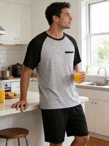 Image of Mens Pajamas Set Modal Soft Pajama Short Set Short Sleeve Pjs Sleepwear 2 Piece Lounge Set With Pockets S-3XL