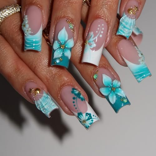 Long Press on Nails Square Fake Nails with Design 3D Flower Glue on False Nails Blue White French Tip Acrylic Nails Artificial Wedding Nail Art for Women 24 Pcs — view 2
