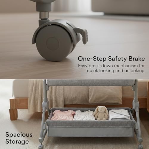 Image of BAYBEE Premium Bedside Crib for Baby with Rocking | Bassinet for New Born with 4 Height Adjustable & Recline | Baby Cot with Mosquito Net & Storage Box | Bedside Cribs & Cots for 0 to 2 Years (Grey)