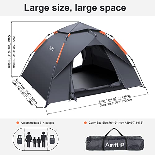 Amflip Campingzelt Automatisches 2 Personen Sofortzelt Pop Up Ultraleichtes Kuppelzelt 4 Jahreszeiten Wasserdicht & Winddicht Campingzelt mit Abnehmbarer Außenplane, Doppelschichten (‎grau) 6