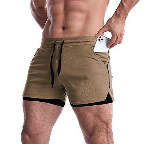 Everworth Men's 2 In 1 Workout Shorts 5" Quick Dry Gym Shorts Bodybuilding Short Shorts Compression Shorts With Zipper Pocket Brown Us M #TOP28