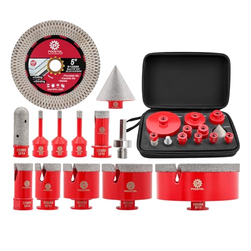 FOCSTOL Foret Diamant Carrelage Kit - 13 pièces (6/6/8/20/25/35/50/68/110mm+20mm Fraise+50mm Mèches Chanfrein Biseautée+Adaptateur+125mm Disque) Scie Cloche...
