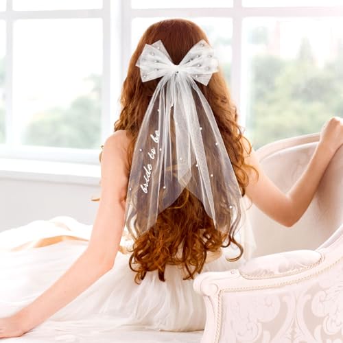 Bride to Be Embroidered Hair Bow Veil for Bachelorette Party Bridal Shower Tulle Pearl 2 Tier Bow Veil Engagement Accessory Bride Gift Velos De Novia (Style A)2