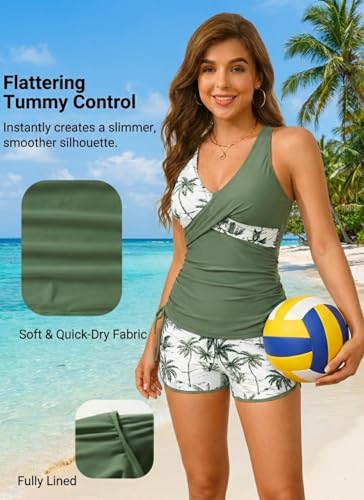 Image of Women Tankini Swimsuits with Shorts - Two Piece Tummy Control Bathing Suits Top with Two Pockets Bottom Swimwear