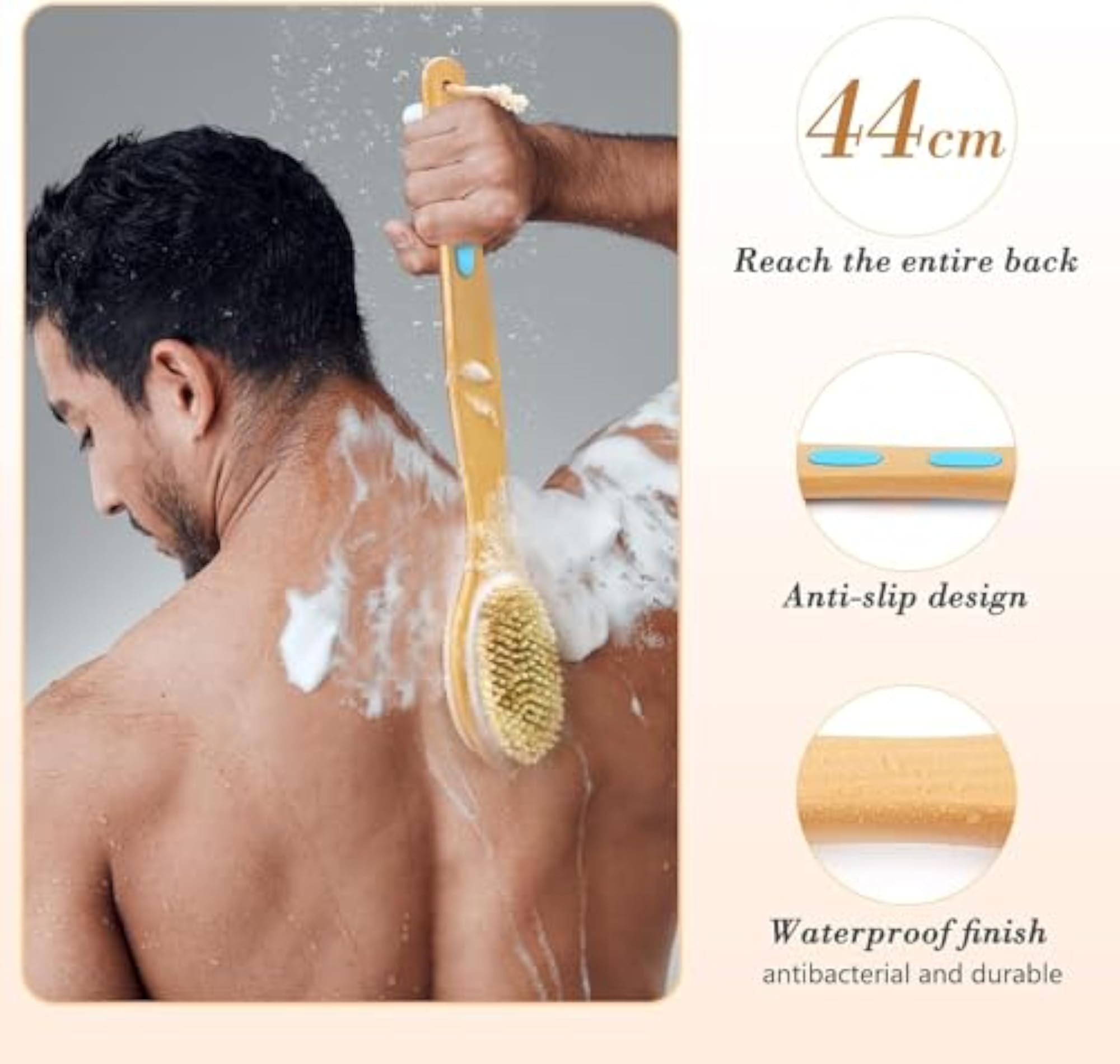 Shower Brush with Soft and Stiff Bristles, Long Handle