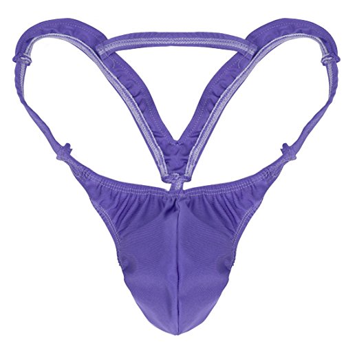 Mens Sexy Bulge Pouch G-String Underwear with Inverted Triangle Rear Purple L