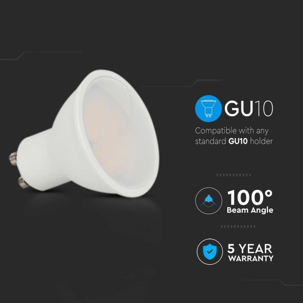 V-TAC Lampadina LED GU10-10W 1000 Lumen - Alta Luminosità - Faretto Led GU10 per Massima Efficienza e Risparmio Energetico - 3000K Luce Calda (Confezione da 5)