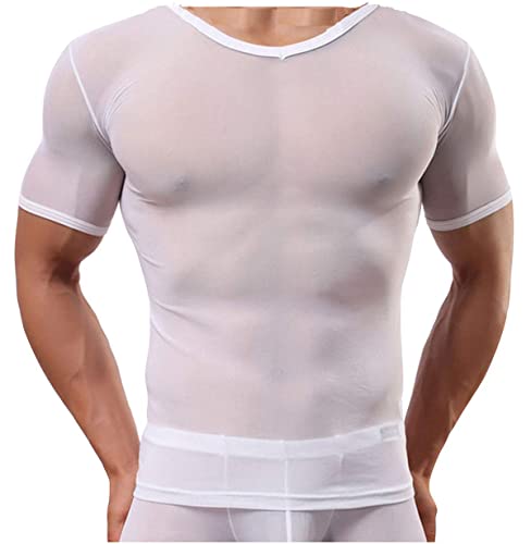 Panegy sous-vêtements Maillot Homme T Shirt Sculptante Respirant Mousseline de Tulle Glace Mince Sexy Agréable Couleurs Pures Blanc Taille S