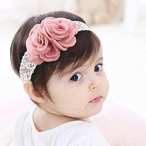 Kercisbeauty Halloween Handmade Baby Girls Pink Headwear Chiffon Flower Headband Elastic Lace Adjustable Head piece Wreath for Toddler Photography Cover