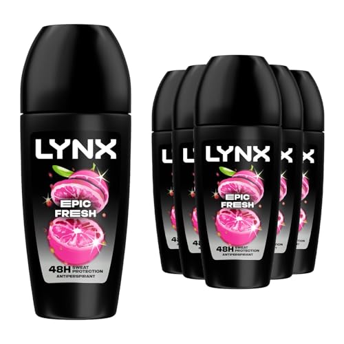 Lynx Epic Fresh Roll On 48 Hours Anti Sweat Faster Drying Anti-Perspirant with Long Lasting Sweat and Odour Protection Travel Size Deodorant for Men for All Skin Types 50ml Pack of 6