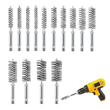 LNGJIN 14 spazzole metalliche per trapano, diverse misure, spazzola cilindrica, spazzola per la pulizia dei tubi, spazzola metallica con asta esagonale in acciaio inox