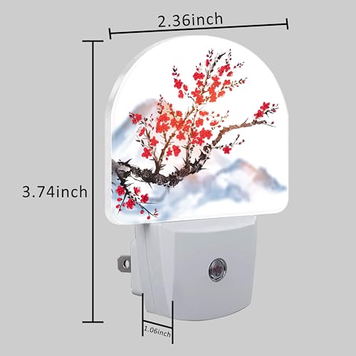 Image of Plug in Night Lights Oriental Cherry Tree Ink Painting Nightlight Plug Into Wall Dusk to Dawn Sensor LED Night Light for Kid Girls Boys Room Decor,Hallway,Kitchen,Bathroom,Nursery,Stairs