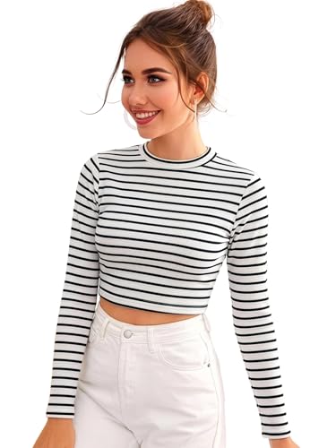 Image of Aahwan Women's 100% Cotton Slim Fit Striped Full Sleeve Crop Top