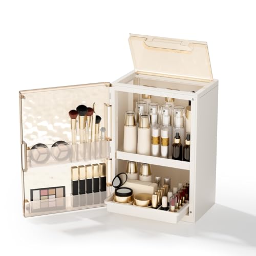 AERCIINC Makeup Organizer with Drawers and Lid Large Skincare Organizer for Vanity Dustproof Cosmetic Organizer and Makeup Storage Box with Brush Holder for Dresser Bathroom Countertop