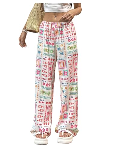 MakeMeChic Women's Tropical Print Palazzo Pants Low Waist Wide Leg Summer Trousers