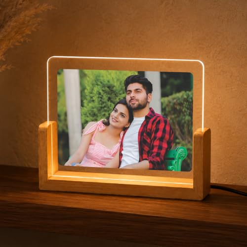 Image of Giftplease Personalized LED Acrylic Photo Frame for Couple with Custom Picture, Wooden Base Night Lamp, Romantic Bedroom Table Decor, Anniversary Memory Display, Birthday, Housewarming, Wedding