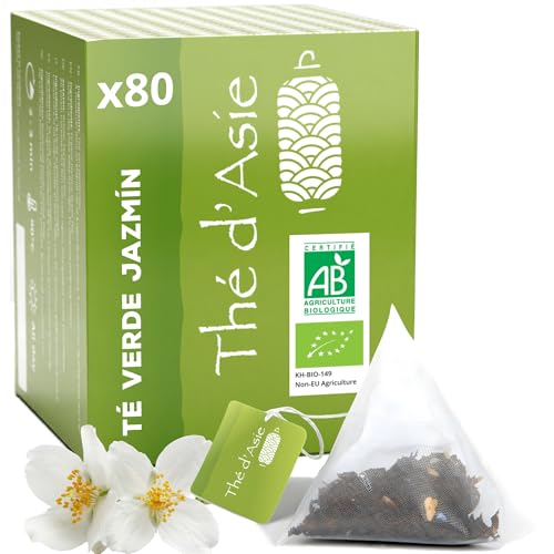 Khla - Té de Jazmín Ecológico - 80 Piramidales Bolsitas - Frío o Caliente - Té Verde Chino - Té Floral y Aromático - Rico en Antioxidantes - Sueño, Digestión - Origen China