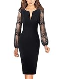 Vfshow Womens Black Illusion Lace Long Bishop Sleeve Front Zipper Evening Cocktail Party Night Out...
