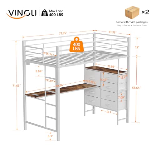 Image of VINGLI Twin Gaming Loft Bed Frame with Desk and Dresser, Metal Single High Sleeper with RGB LED Lights, 2 Built-in Power Outlets, 15 inch Extra-High Guardrails, Space-Saving Design,White