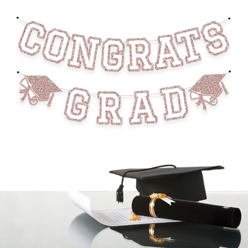 Image of Congrats Grad Banner Graduation Party Banner Decoration Hanging Garland High School College Backdrop Supplies Rose Gold