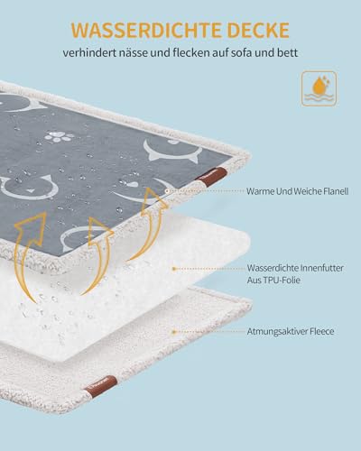 Hzuaneri wasserdichte Hundedecke, katzendecke für Katzen, Sherpa Fleece Haustier Decke für Mittelgroße und Große Hunde, Katzen, L, 150 x 127 cm, maschinenwaschbar, Beidseitiger Sofabezug-Schutz, Grau
