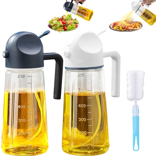 2 pack oil sprayer for cooking,2 in 1 oil dispenser and oil sprayer,21.5 oz./630 ml olive oil sprayer,food grade glass oil sprayer,used for air frying pan,salad, baking,cooking and barbecue,etc.