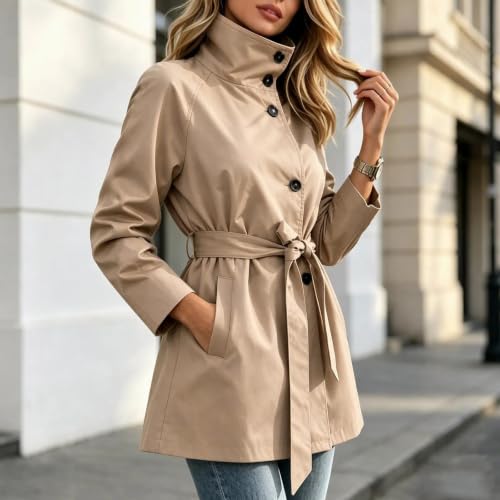 Women's Single Breasted Short High Collar Trench Coat With Belt | Single Breasted Short Jackets, Open Front, Lightweight Button Trench Coat with Belt, Casual Trendy Fall Winter Coats - image 4