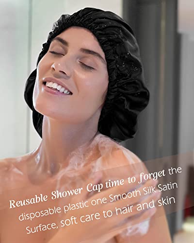 Yanibest Shower Cap For Women - Hair Satin Bonnet Shower Cap For Men Waterproof Extra Large Double Layer Reusable Adjustable For Braids Long Hair (Large,Black) #TOP2