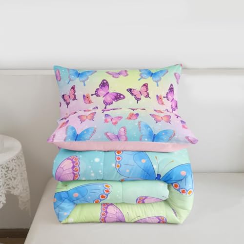 Image of Erosebridal Butterflies Full Size Comforter Sets for Kids Boys Girls,Blue Purple Butterfly Bedding Set,Elegant Wildlife Duvet Insert,Gradient Starry Quilt Bedroom Decor