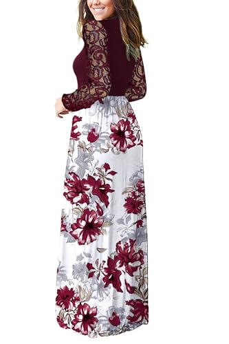 Image of AUSELILY Womens Lace Long Sleeve Maxi Dress V Neck Wrap Waist with Pockets | Lace sleeves, cross-wrap neck flatters, hidden pockets, floor-length maxi for year-round