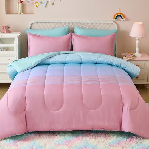 Image of Dinjoy Girls Comforter Set Full Size Colorful Ombre Pink Green Rainbow Bedding Set Bed in A Bag for Kid Teen Girls 7 Pieces (1 Comforter, 1 Flat Sheet, 1 Fitted Sheet, 2 Pillow Shams, 2 Pillowcases)