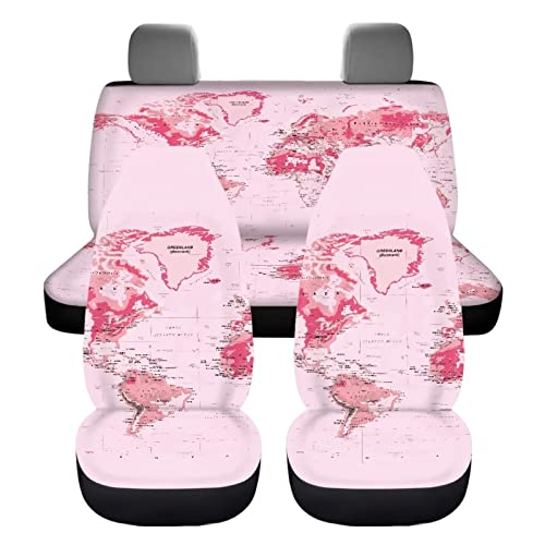 Image of Modysero World Map Print Pink Seat Covers for Cars Full Set Elastic Durable Non Slip Two Front Seat Cover Rear Bench Universal Car Seat Protector Fit Trucks SUV Comfort Soft Automotive Seat Cover