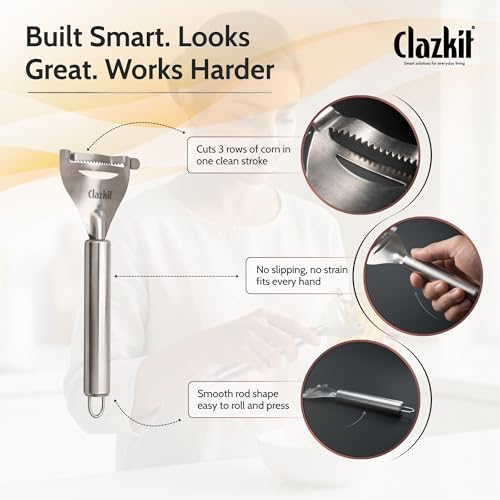 Image of Clazkit Stainless Steel Corn Peeler Tool - Heavy Duty Corn Stripper, Sweet Corn Kernel Remover, Serrated Blade Corn Cutter, Kitchen Tool for Fast Corn Peeling-Pack of 1