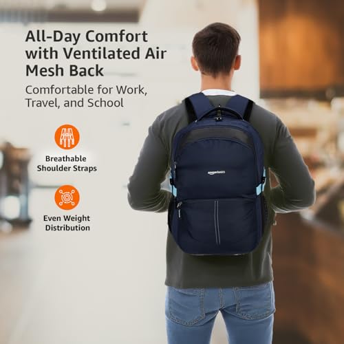 Image of Amazon Basics Casual 29L Backpack with Padded Laptop Sleeve | Backpack for Men & Women | Rain Cover Included | 3 Compartments | Travel Bag for Girls & Boys | (Blue)