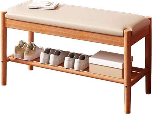Banc de rangement à chaussures rembourré doté d'une étagère en bois double niveau stable