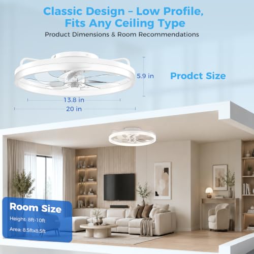 Image of Ceiling Fans with Lights and Remote - 20'' Low Profile Ceiling Fan | 1-6 Wind Speeds, Reversible, Timer, 3000-6500K Dimmable LED Fan Light, Modern Flush Mount Ceiling Fans for Bedroom, Kitchen