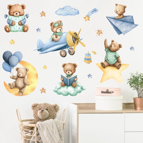 Vinilos decorativos para pared con diseño de oso y avión azul miniatura 6