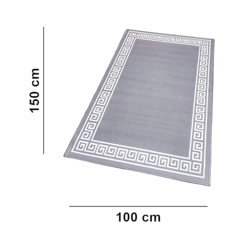 Image of Matz&More Greek Single Line Rug | 100x150 CM | Grey White | Soft Nylon Loop Pile with Anti-Slip Gel Backing | Living Room, Bedroom & Office Floor Carpet