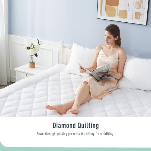 HOMTEC Queen Mattress Pad Cotton Mattress Pad Cover Quilted Mattress Cover 18-22\" Deep Pocket Mattress Protector Queen Size White Down Alternative Filling Noiseless & Breathable