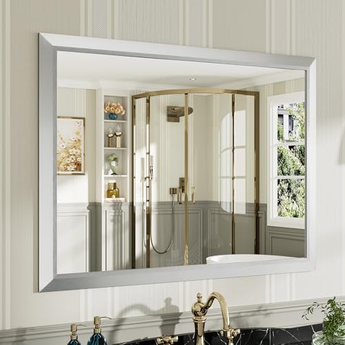 40x30 Inch Silver Bathroom Mirror for Wall, Thick Metal Framed Rectangle Mirrors for Over Sink, Bedroom, Living Room, Entryway, Anti-Rust, HD Tempered Glass