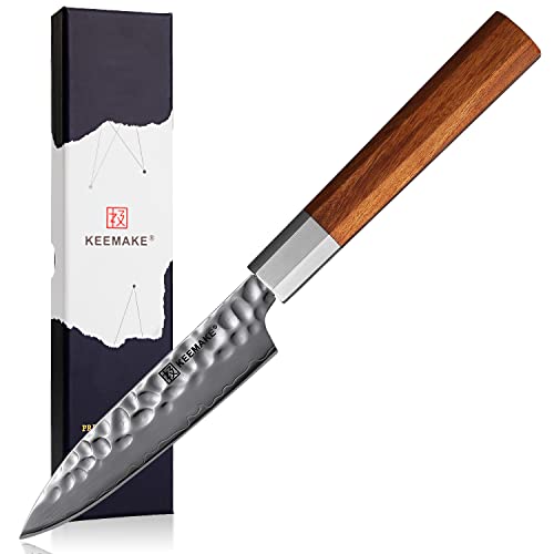 KEEMAKE Paring Knife 4.5 inch, Fruit Knife 3 Layers 9CR18MOV High Carbon Stainless Steel Small Kitchen Knives, Peeling Knives with Octagon Natural Wood Handle