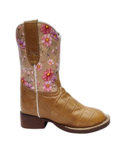 TuffRider Children's Dunes Square Toe Western Boot- Tan Floral-With Free Assorted Striped Socks2