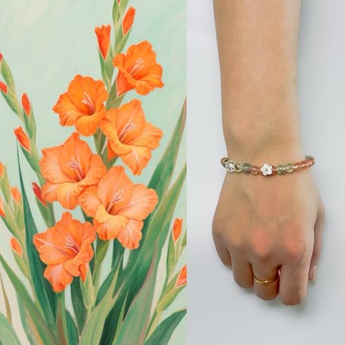 Handmade Orange Gemstone Stretch Bracelets For Women, Crystal Monthly Flower Birthstones Beaded, Healing Protection & Positive Energy Jewelry(5.5mm/0.2in, August-Gladiolus)4