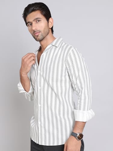 Image of Indian Needle White Stripes Cotton Regular Fit Men's Casual Shirt (White, S)