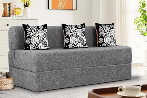 Image of Rosebell Three Seater Sofa Cum Bed | Jute Fabric Washable Cover | with 3 Printed Cushions Perfect for Guest | Grey | 5' X 6' Feet