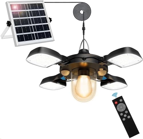 Jimhaby Solar Shed Light Outdoor, 192 LED Pendant Light with Motion Sensor & Remote Control, 5 Lighting Modes 3 Colour Temperatures, IP65 Waterproof, for Garage, Garden, Gazebo & Chicken Coop