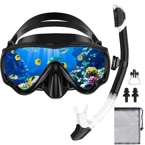 POWZOO Gafas de Buceo Adulto,Gafas de Buceo panorámicas de 180°,Gafas y Tubo de Snorkel Set para Adulto,con Tapones para los oídos,Clip de Nariz, Bolsa de Malla de Almacenamiento(Negro)