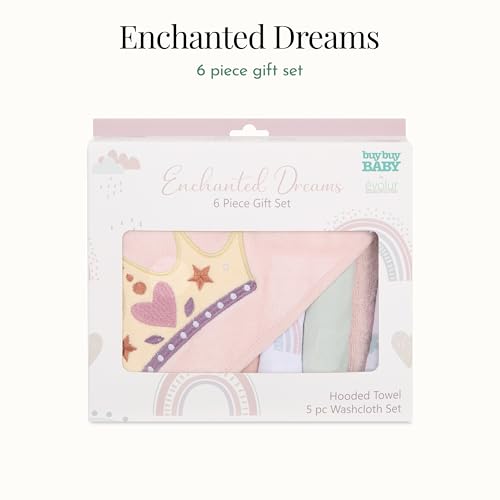 Image of Evolur Enchanted Dreams 6 pc Baby Gift Set, Includes Hooded Towel & 5pc Wash Cloths, Soft and 100% Cotton Woven, for Newborn, Infants and Toddlers 0-9 Months
